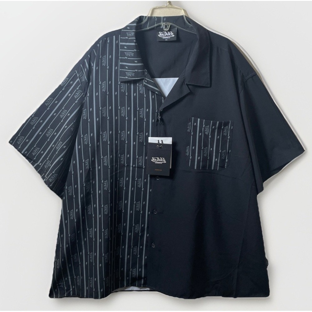 NWT Von‎ Dutch 3XL Black Woven Button  Down Casual SS Shirt Short Sleeve Pocket